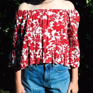 Red Flowy, 1960's/70's Off The Shoulder Floral Top
