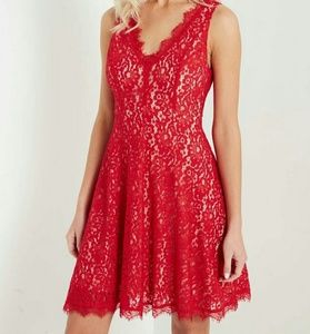 Soprano Red Lace Fit and Flare Dress