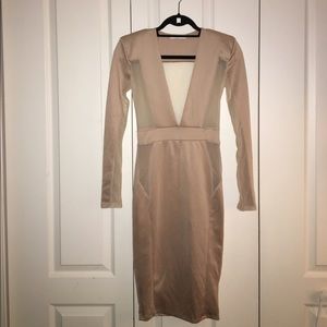 Light beige cocktail dress with mesh cut outs