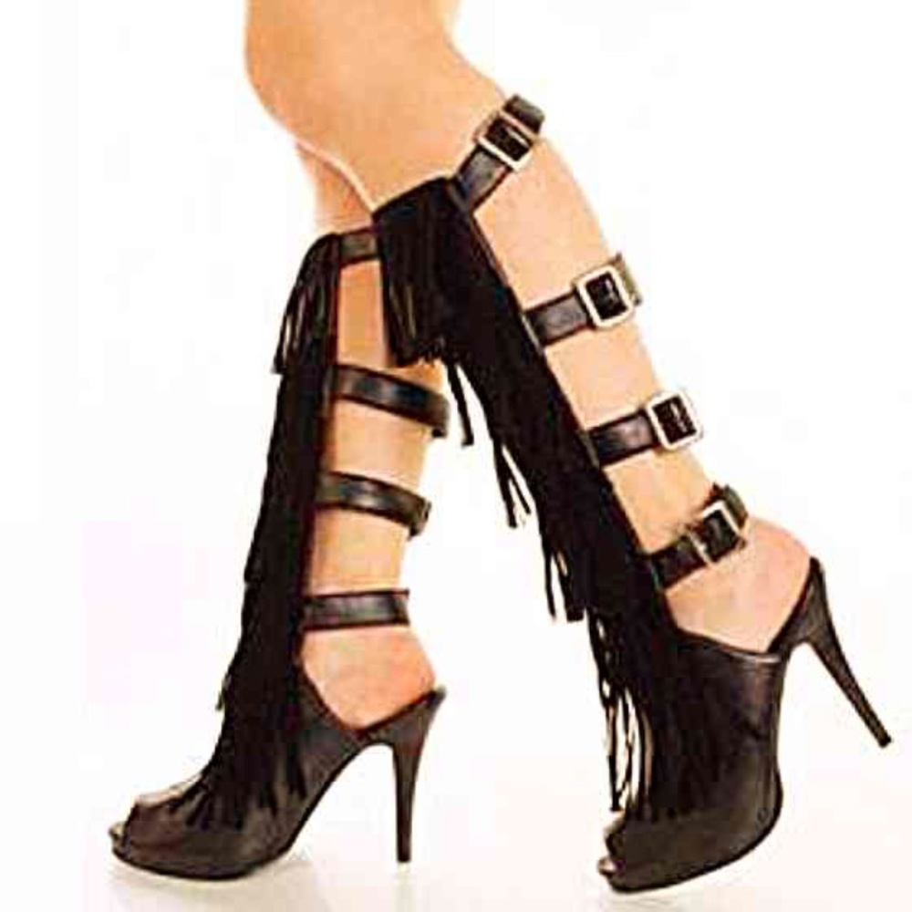 BLACK LEATHER TASSEL MULTI BUCKLE OPEN TOE HEELS