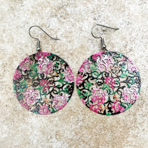 Filigree Multi Color Stamping Earrings - Picture 2 of 3