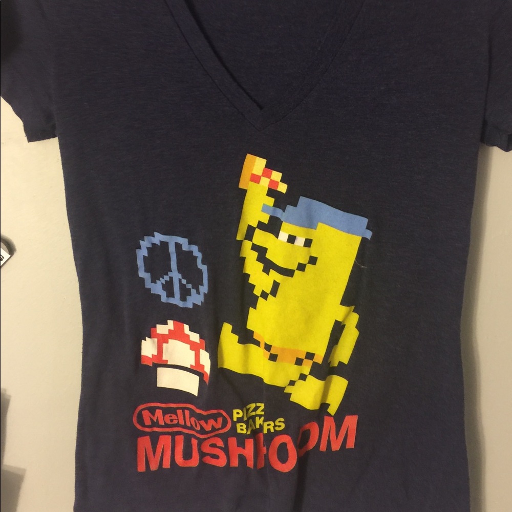 Mellow mushroom v cut tee 8 bit navy blue