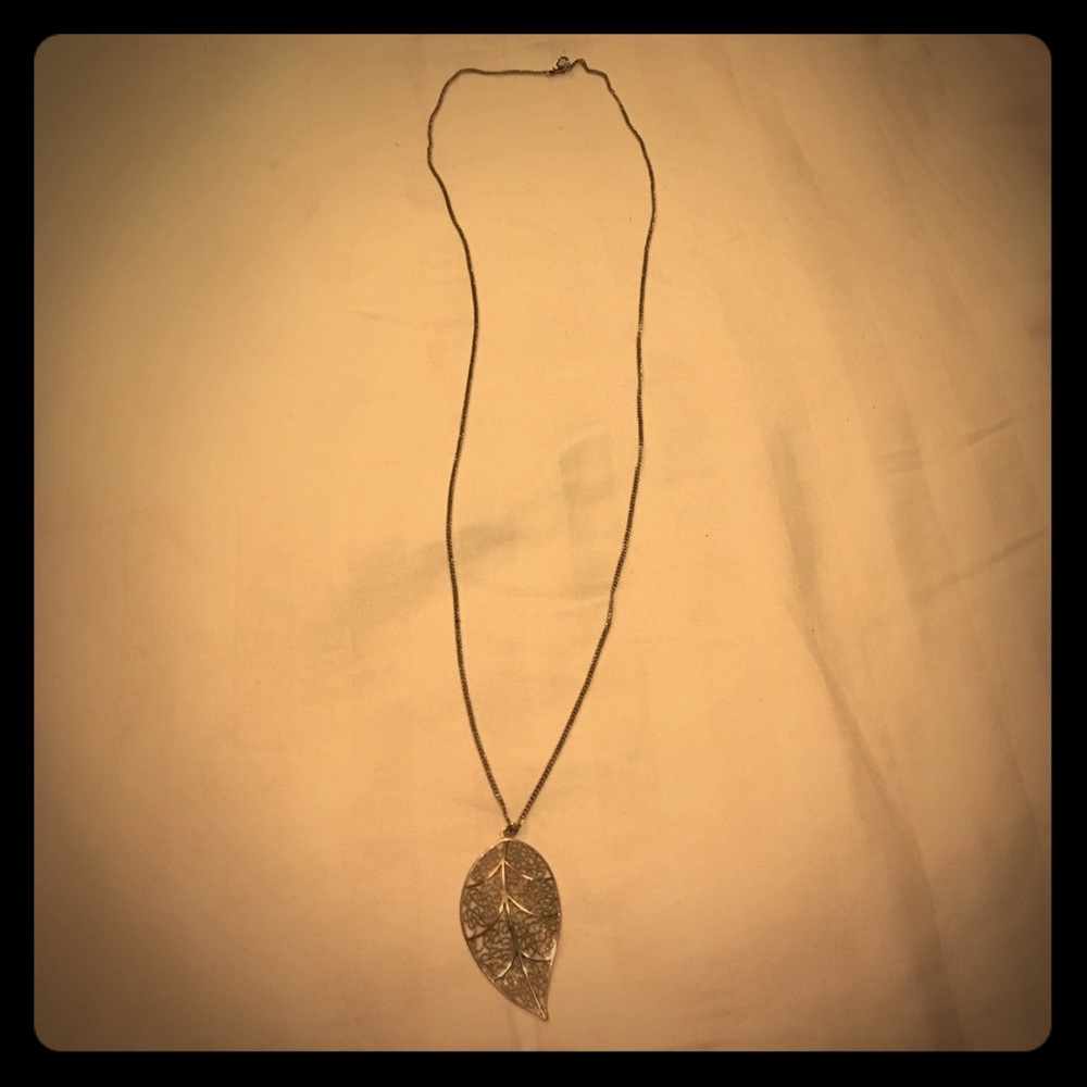Silver leaf pendant long necklace