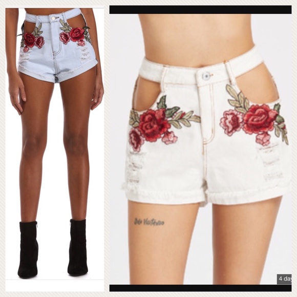 New! Embroidered distressed white denim shorts - Picture 5 of 8