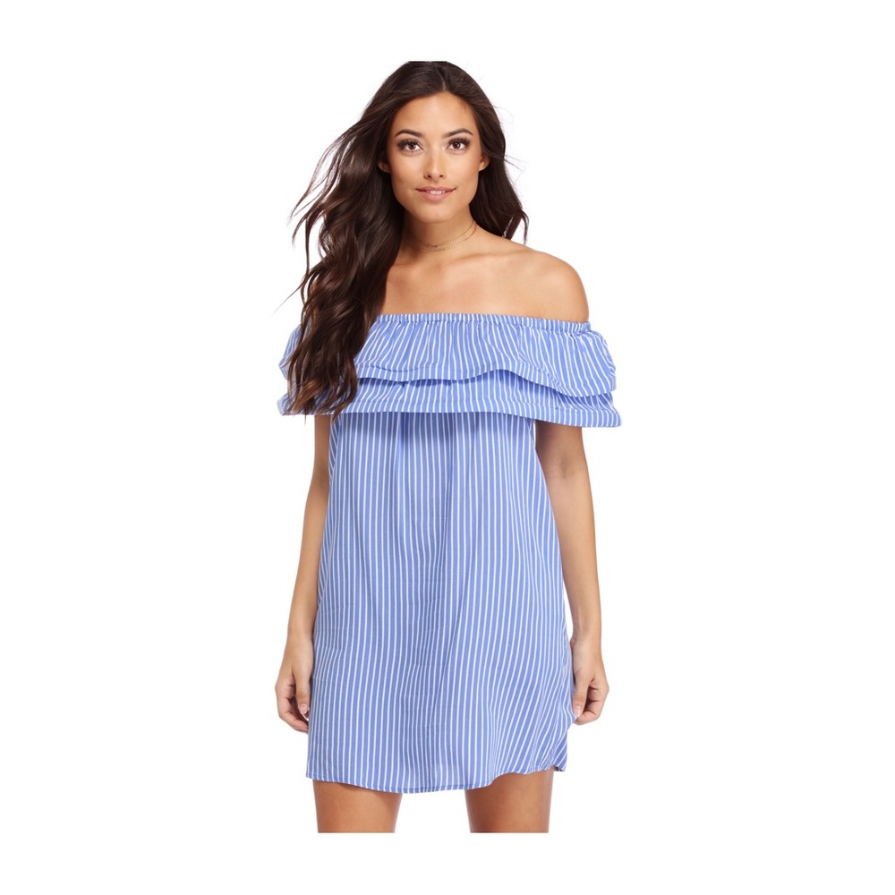 Blue off the shoulder striped dress. NWT