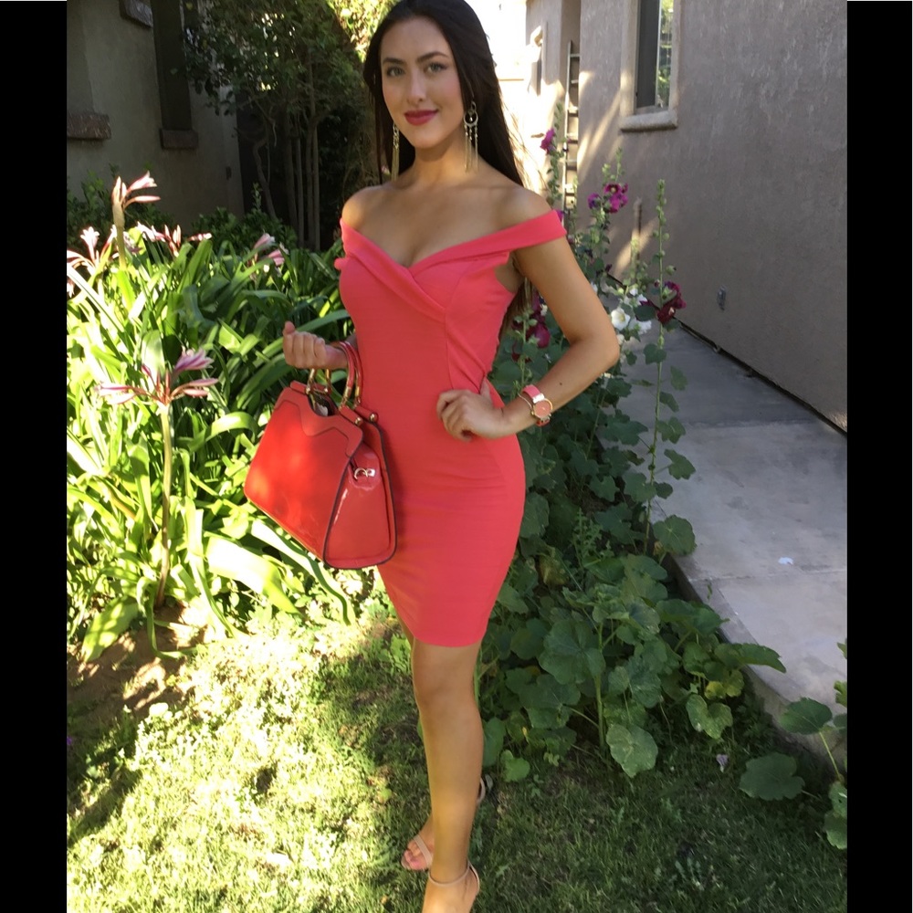 Coral Off the Shoulder Dress-SALE - Picture 2 of 6