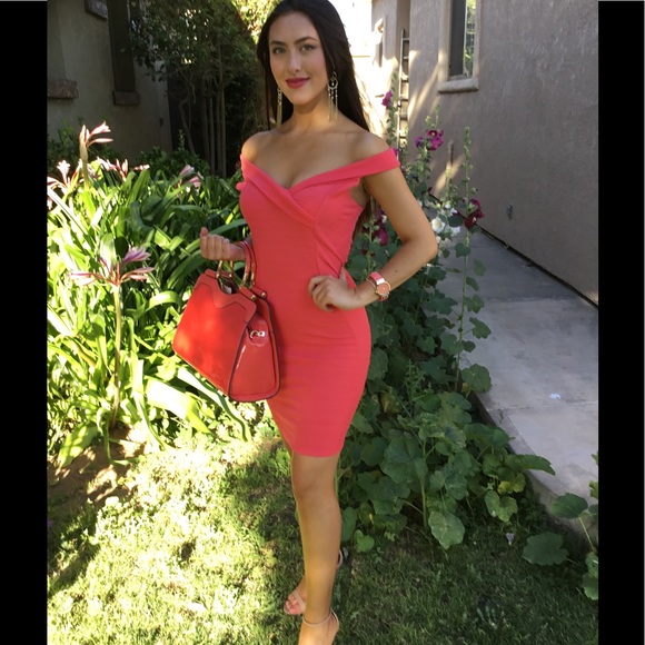 Coral Off the Shoulder Dress-SALE - Picture 2 of 6