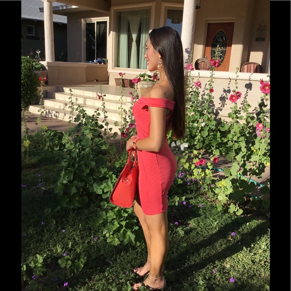 Coral Off the Shoulder Dress-SALE - Picture 3 of 6