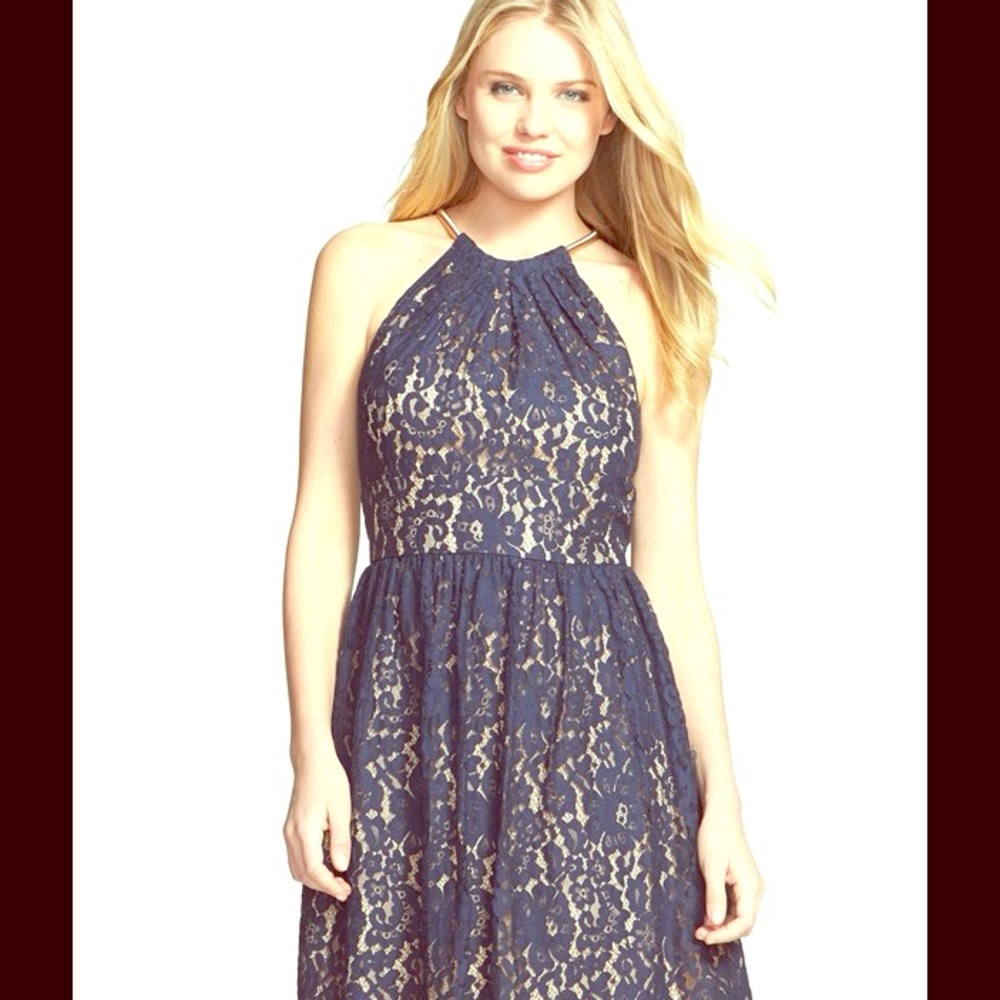 Eliza J Navy Blue Lace Halter Dress