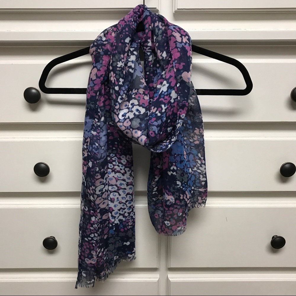 Navy gauzy scarf w/ purple & white flowers