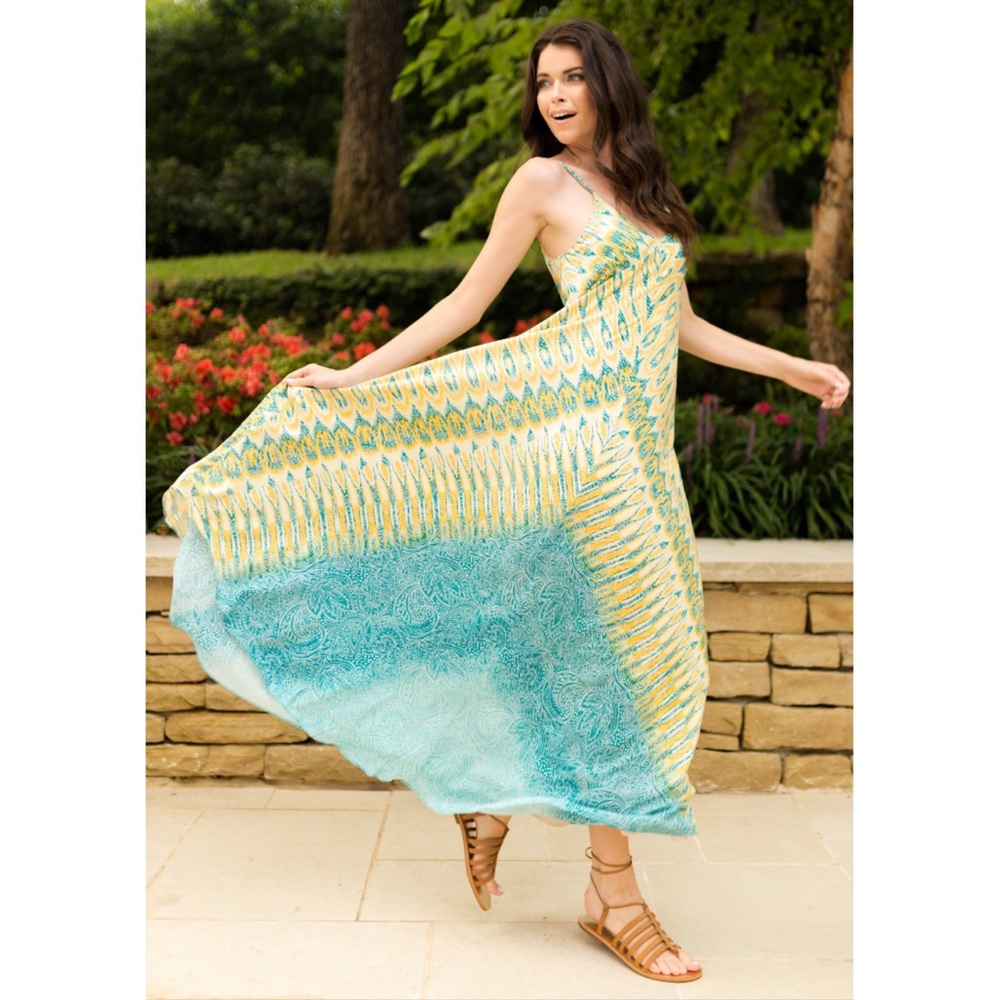 🆕 Charlie Jade Lemon & Teal Chiffon Maxi Dress
