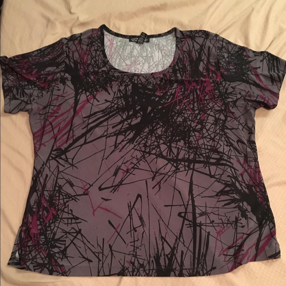 Patterned purple, grey, and black blouse