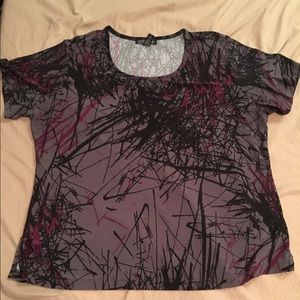 Patterned purple, grey, and black blouse