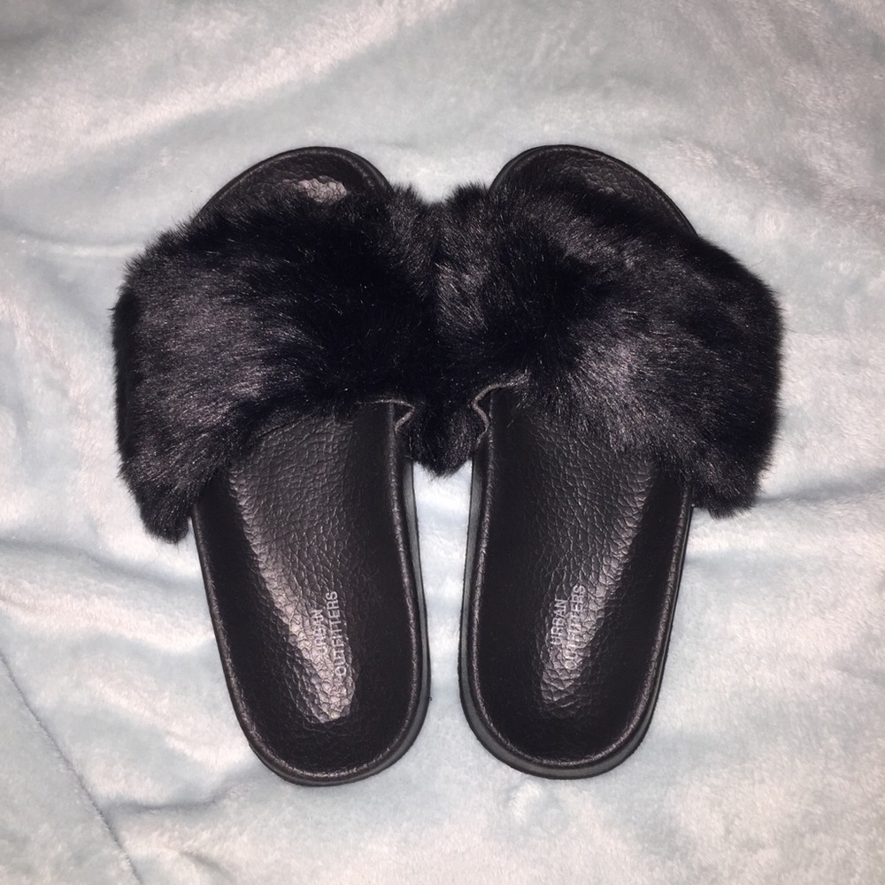 Black Faux Fur Slippers