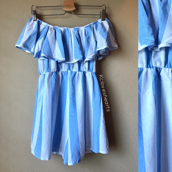 Baby Blue Stripe Off Shoulder Ruffle Romper - Picture 2 of 2