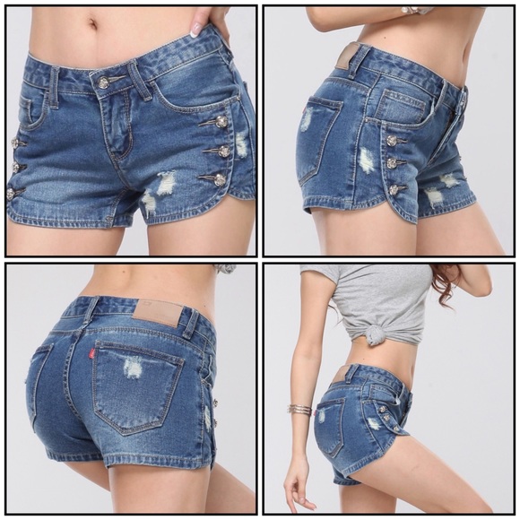 Distressed Button Denim Shorts - Picture 2 of 8