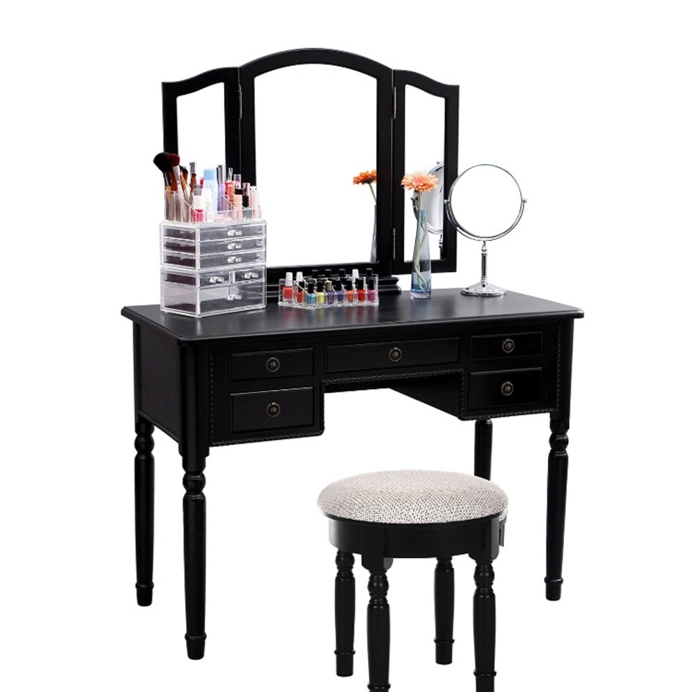Vanity Set Trifolding Mirror Table Cushioned Stool