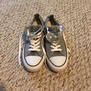 Grey and white polka dot converse