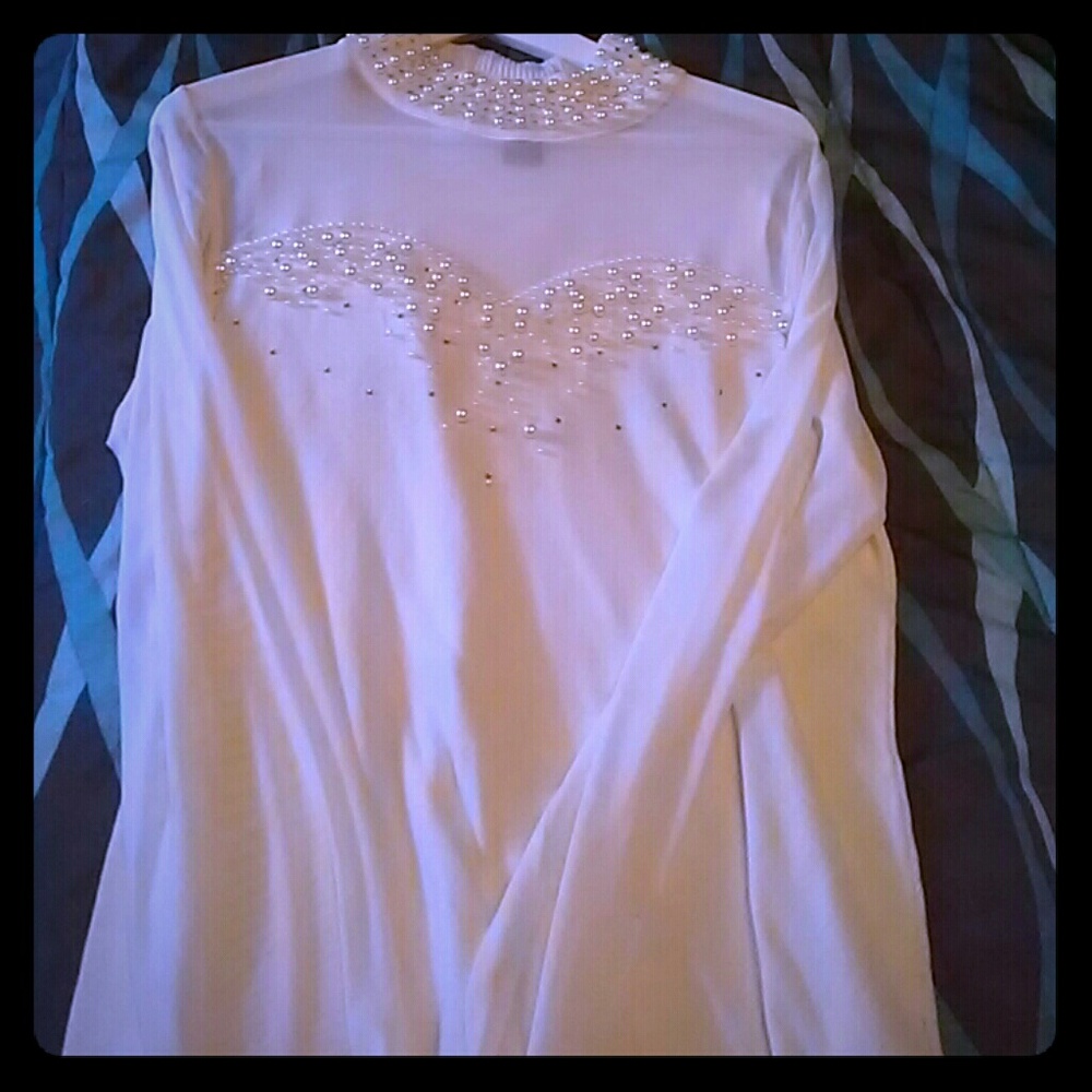 White see through beads turtleneck blouse