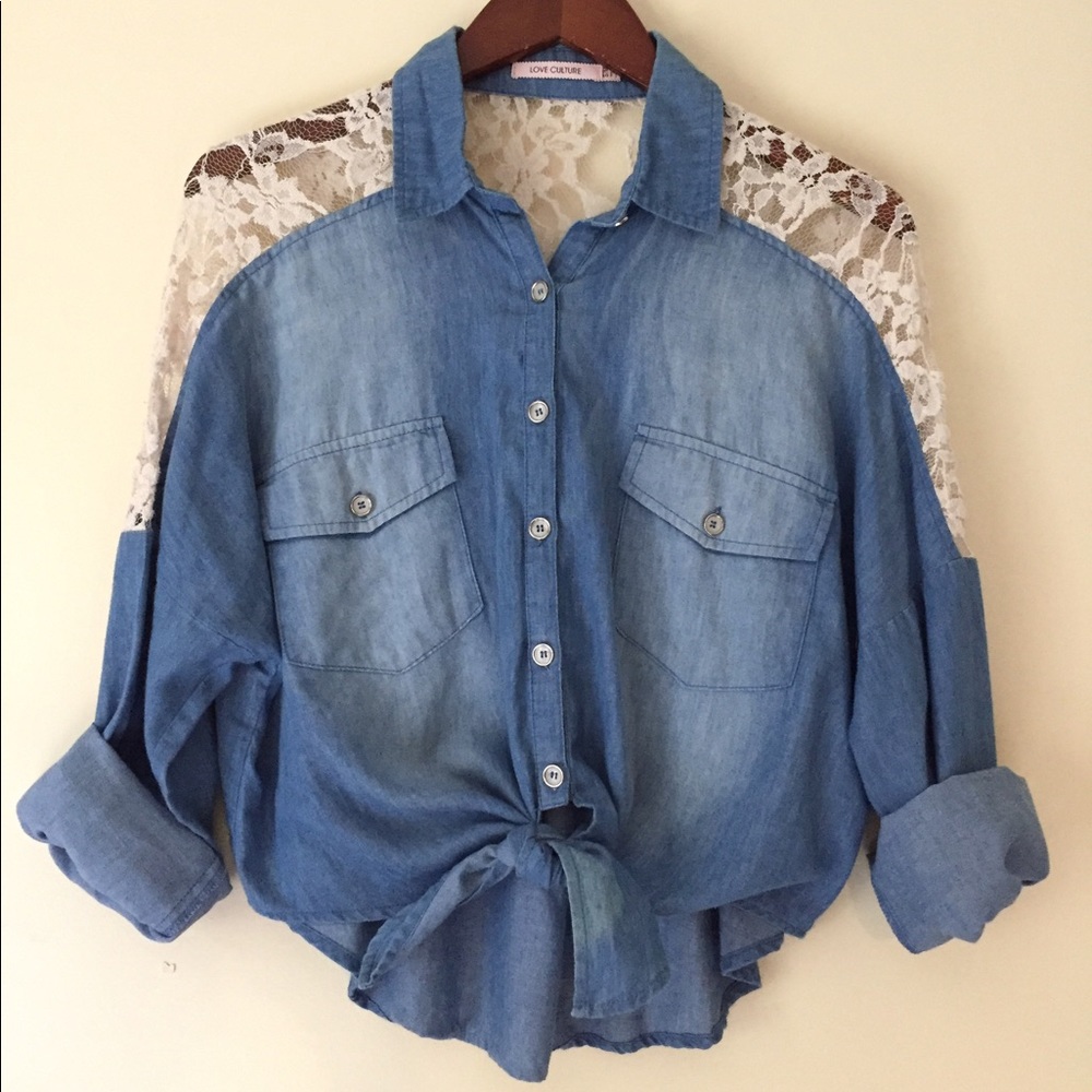 Floral Lace Shoulder Denim Button Down Tie Up