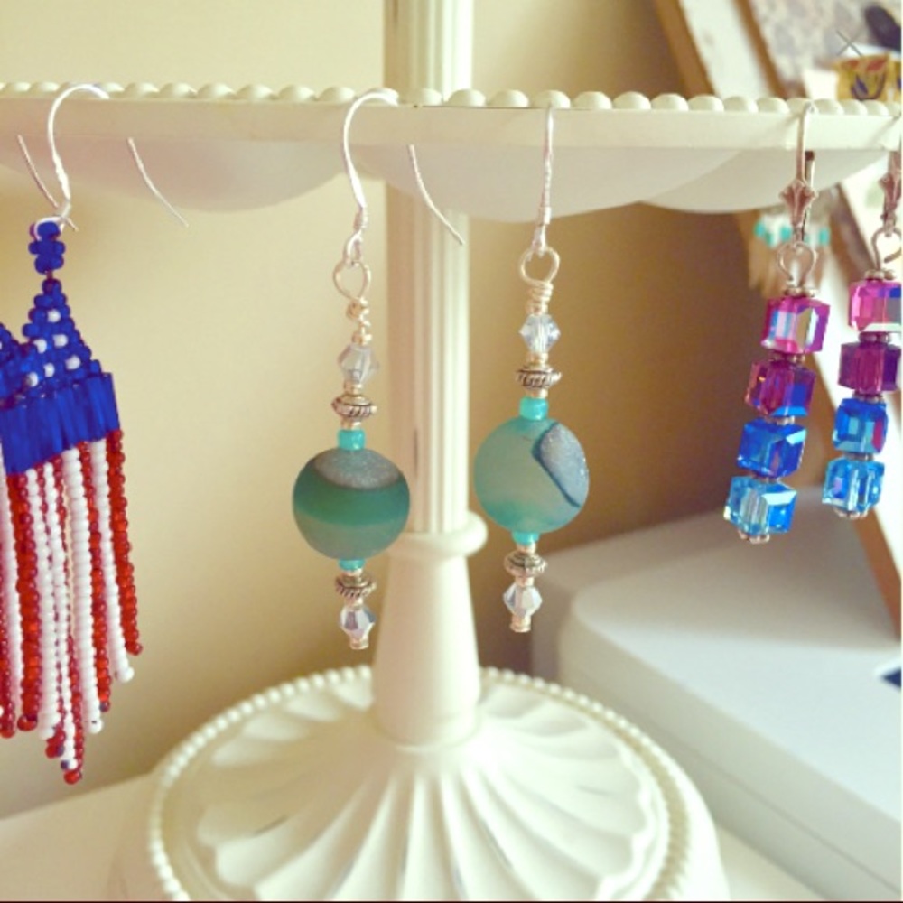 Natural blue agate & sterling silver drop earrings