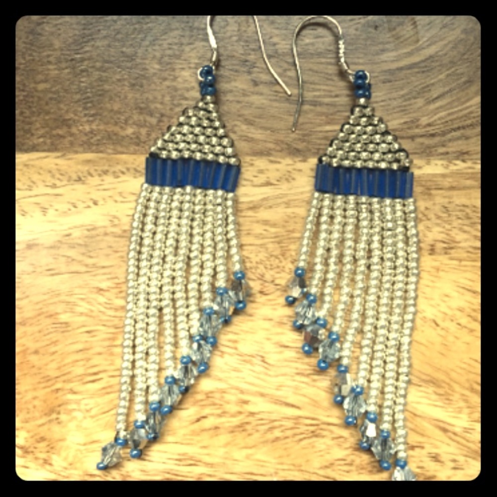 Silver and blue crystal chandelier earrings