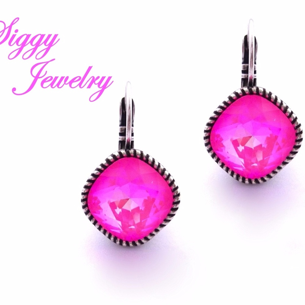 Swarovski Crystal Hot Pink Cushion Cut Drop Earrings