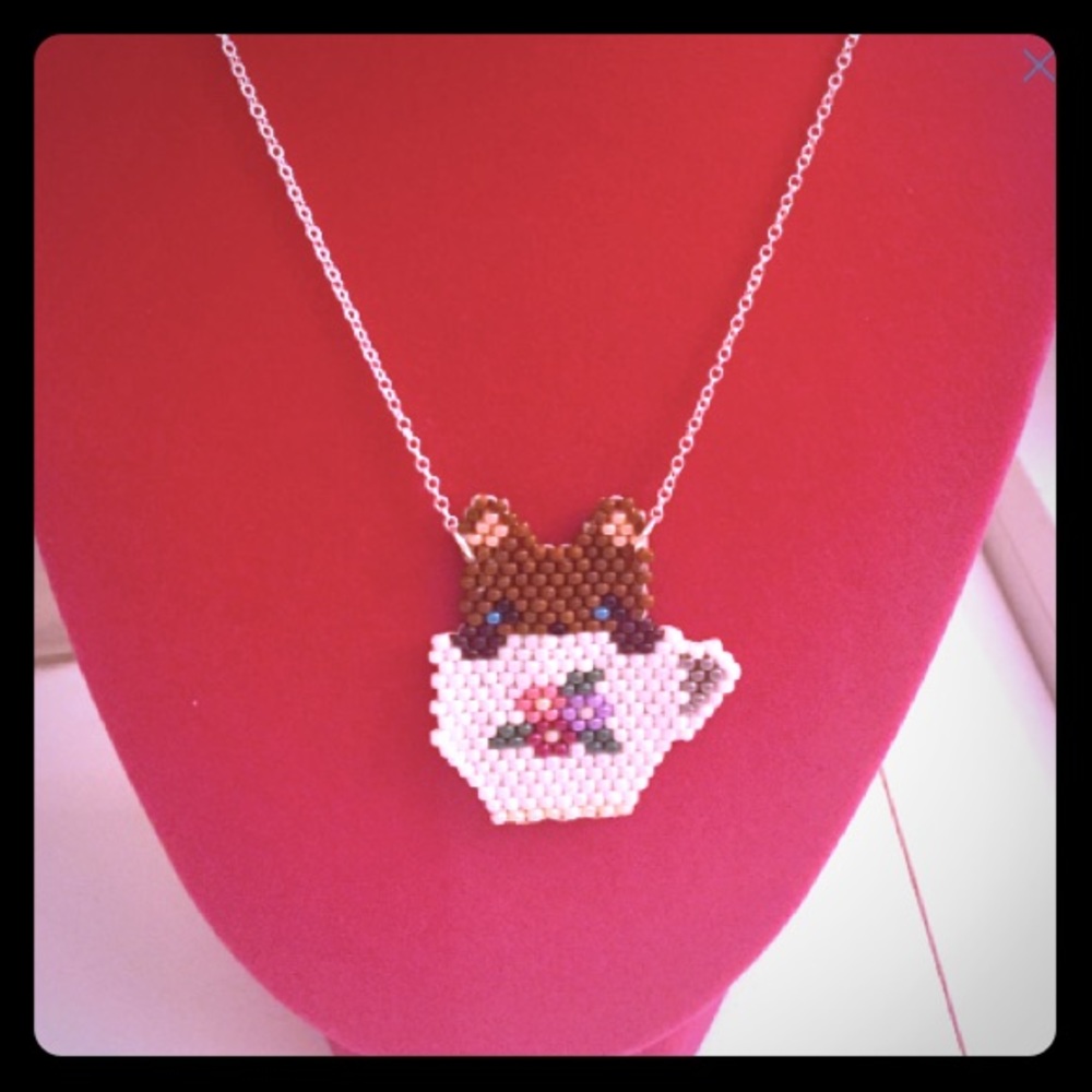 Cat in a Teacup necklace-- handmade and unique
