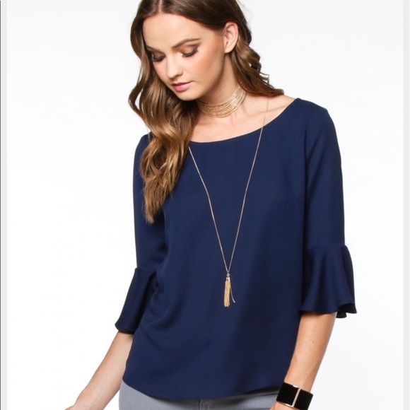 New Boutique Navy Ruffle Bell Sleeve Boho Top - Picture 8 of 8