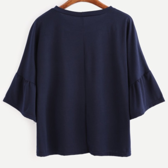 New Boutique Navy Ruffle Bell Sleeve Boho Top - Picture 2 of 8