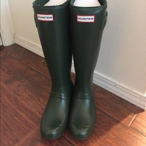 Hunter boot. Brand-new. Matte green. Tall.
