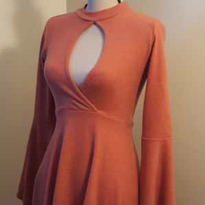 Rust Orange Keyhole Dress w/Bell Sleeves
