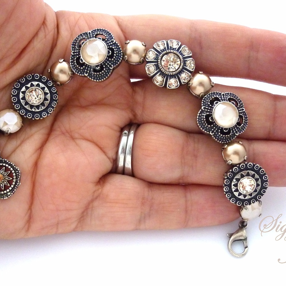 Swarovski Crystal Flower Embellished Neutral Color Tennis Bracelet - Picture 6 of 8