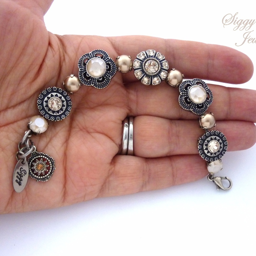 Swarovski Crystal Flower Embellished Neutral Color Tennis Bracelet - Picture 7 of 8