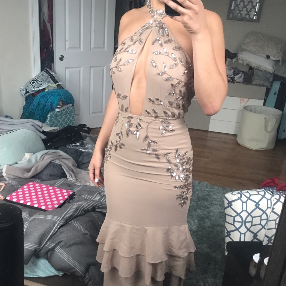 Maya Embroidered Blush Open Back Halter Gown