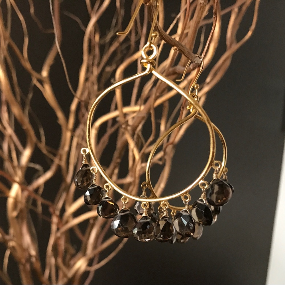 Gold Hoops Earrings with Dangling Brown Stones