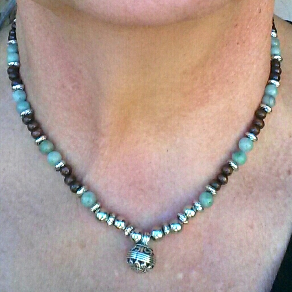 Moss Agate Beaded Necklace with small filigree -17