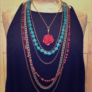 Boho layered Necklace w/ Blue Beads & Peace Rose