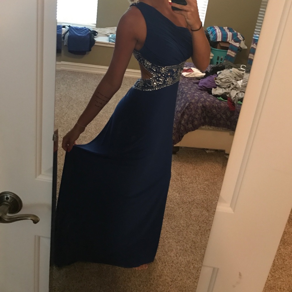 Blue backless prom dress