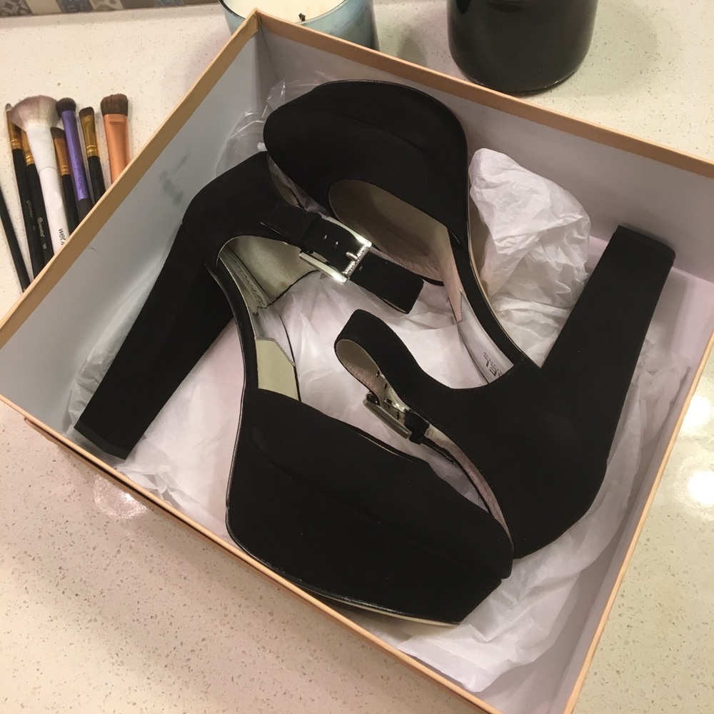 Black suede platform heels