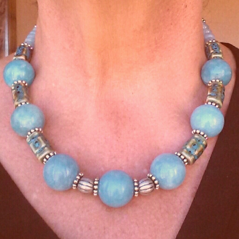 CLASSY CHUNKY. LARGE Chalcedony Bead Necklace-19"