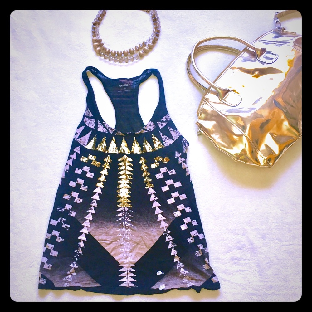 Express sequined black &gold razorback xs tank top