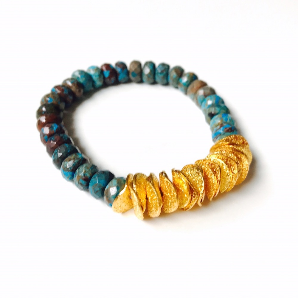 Blue Ocean Jasper Stone 24K Gold Ruffle Mala Bead Bracelet