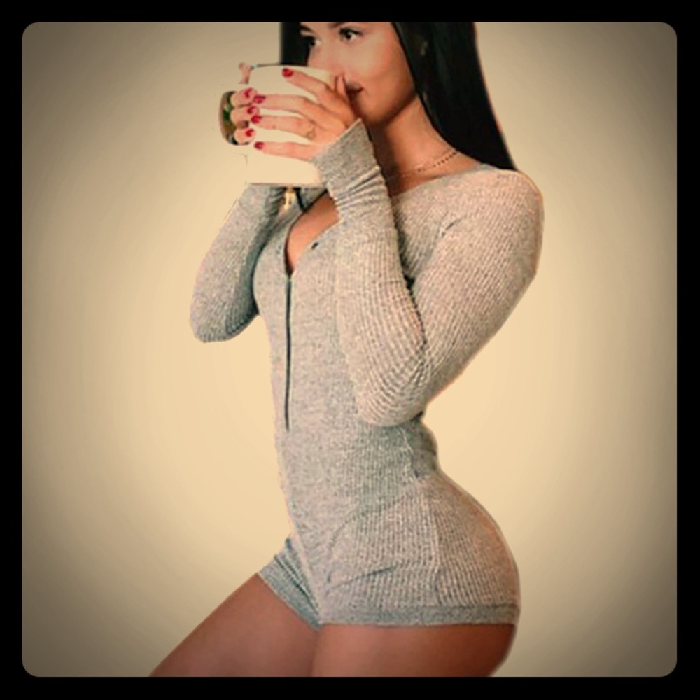 V-neck One Piece Gray Bodysuit Bodycon Rompers Overall