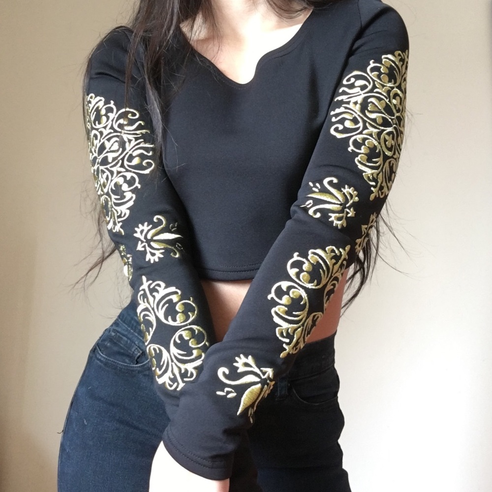 Long Embroidered Sleeved Crop Top