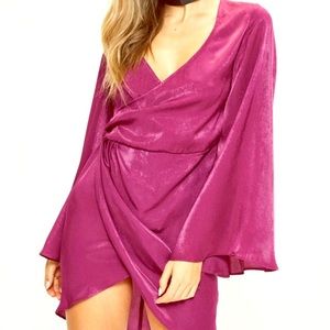 NWT Satin pleated wrap front, wide sleeve dress