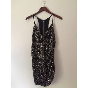 Black and Gold Embellished Ribbed Dress