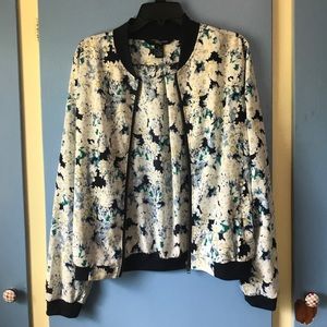 Adorable Flower Print Chambray Bomber Style Jacket