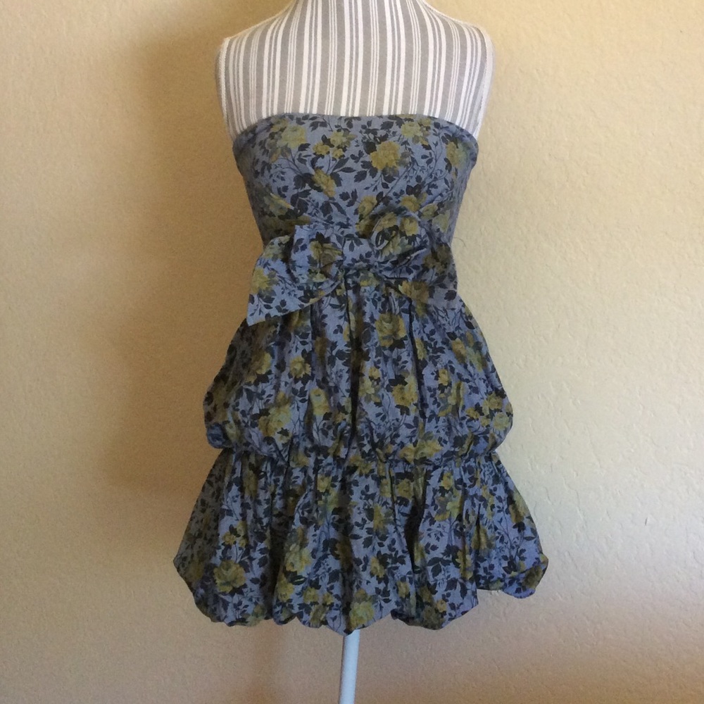 Blue Yellow Floral Strapless Ruffle Mini Dress Bow
