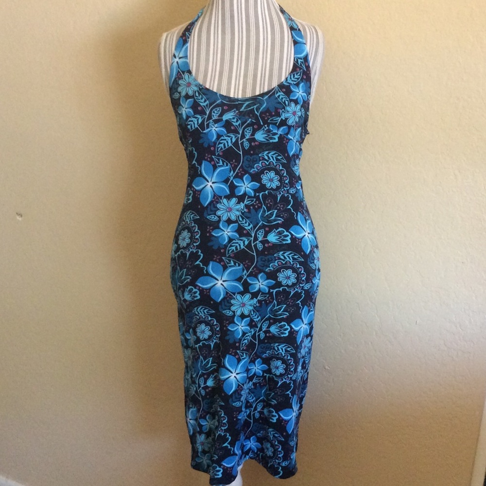 Blue Floral Stretch Halter Beach Body-con Dress